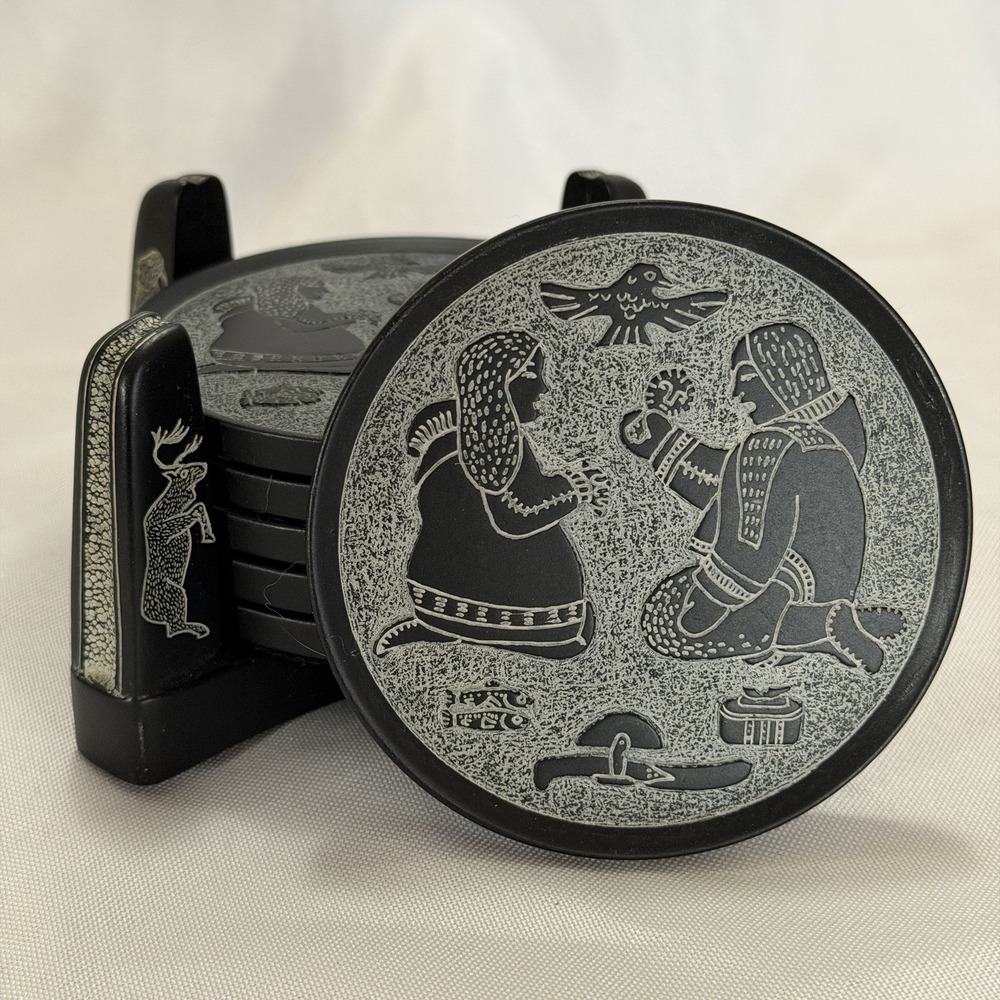 BOMA Inuit Coaster Set of 6 w/ Holder Made in Canada Textured Canadian Folk Art